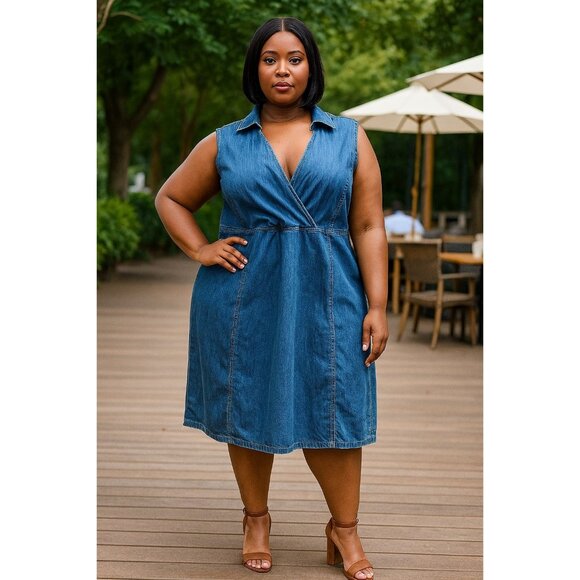 Faded Glory Plus Size 20W Denim Dress Surplice Collared Sleeveless Side Zip - Picture 9 of 10